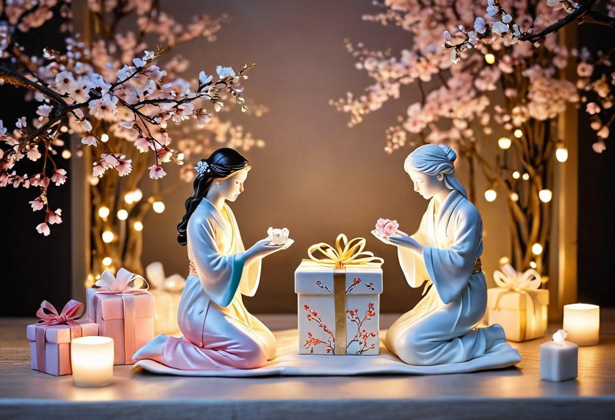 A beautifully arranged display of romantic gifts made in China, including delicate porcelain figurines, silk scarves, and intricate handmade jewelry, all set against a soft, ambient background filled with cherry blossoms and twinkling fairy lights. A couple is seen joyfully exchanging gifts, showcasing affection and warmth. The scene radiates love and thoughtfulness, inviting readers to explore meaningful presents. super-realistic. vibrant colors. soft focus.