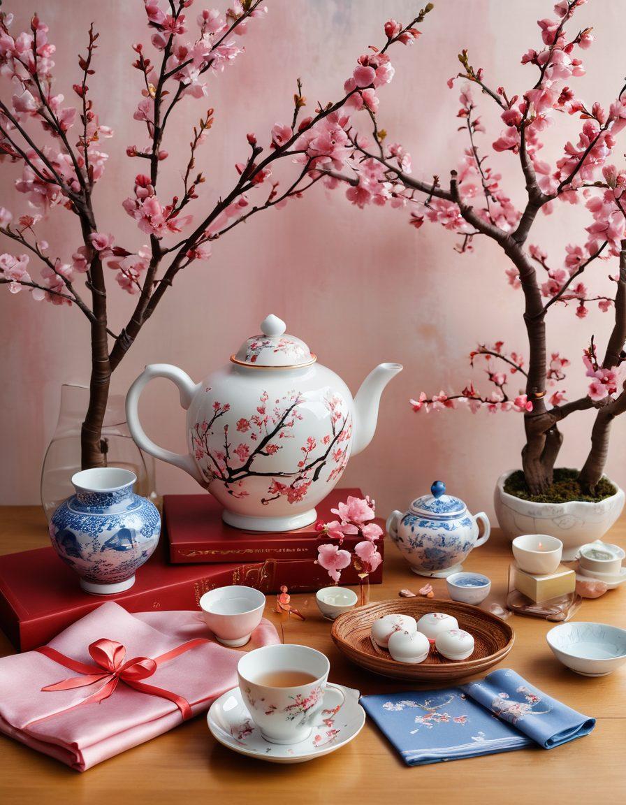 A beautifully arranged display of unique and heartfelt gifts representing Chinese culture, including intricately designed silk scarves, hand-painted tea sets, and delicate porcelain figurines. In the background, soft cherry blossom trees bloom, symbolizing love and gratitude. Warm, inviting lighting enhances the intimate atmosphere, drawing the viewer's eye to the personal touches of each gift. super-realistic. vibrant colors. soft focus.