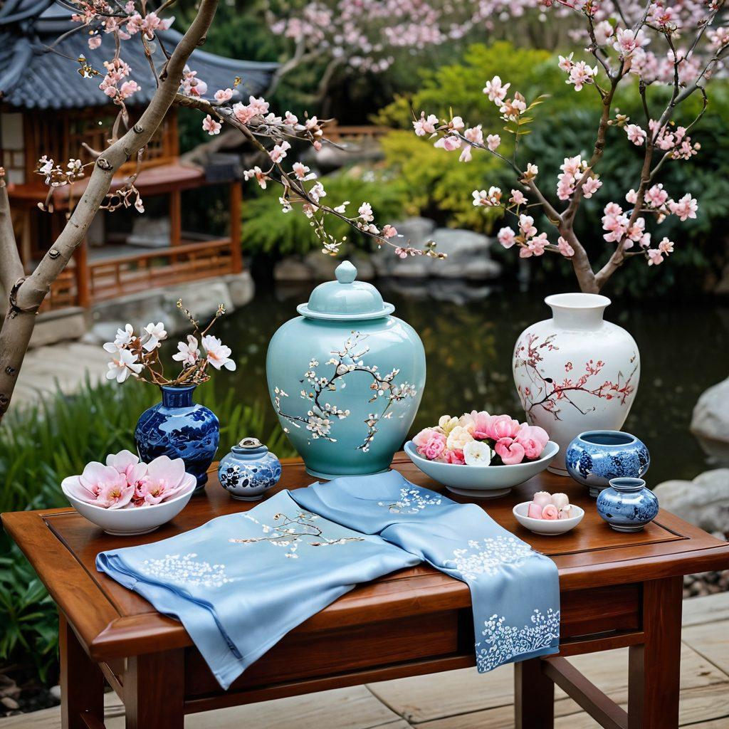 A beautifully arranged scene featuring unique Chinese-inspired gifts, such as intricately designed ceramics, silk scarves, and handcrafted jewelry, all placed on a delicate wooden table. The background showcases a serene Chinese garden with cherry blossoms and a tranquil pond, symbolizing love and harmony. Soft, warm lighting enhances the inviting atmosphere. super-realistic. vibrant colors. peaceful ambiance.